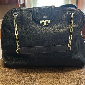 Tory Burch Sammy T Satchel/ Shoulder Bag in Black Pebbled Leather Retail $550